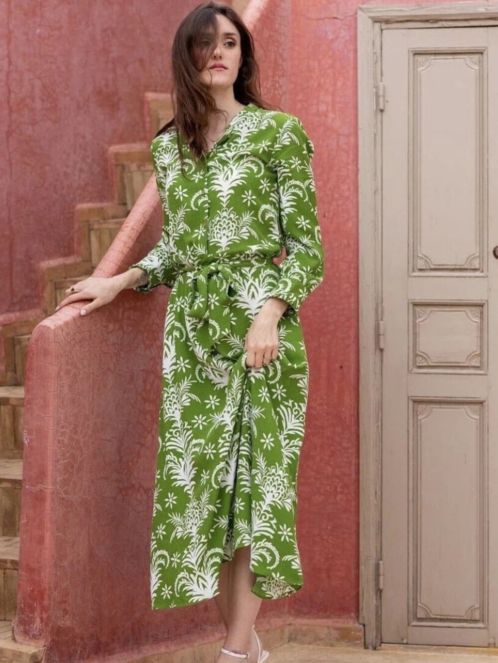 Zara Lilou Vacation Coastal Belted Midi Floral Green Resort Long Sleeve Dress - Picture 3 of 8